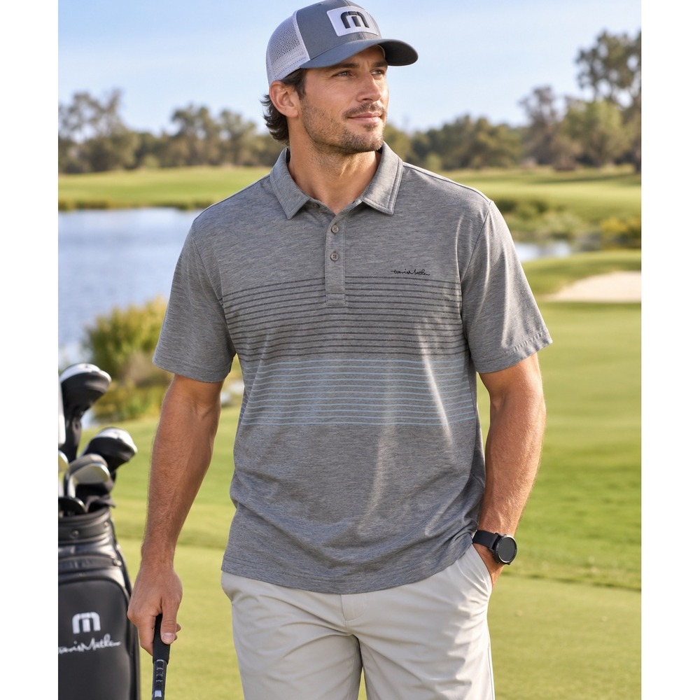 TravisMathew Mens Gray Striped Short Sleeve Golf Polo Shirt Large L
